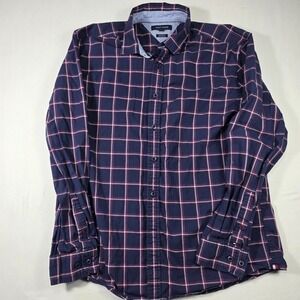 Tommy Hilfiger Button Down Shirt Mens XL Navy Red White Plaid Custom Fit